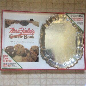 Mrs. Fields Cookie book + silverplated tray